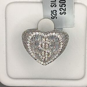 925 DOLLAR SIGN HEART Icy Bling Hip Hop Silver Ring SZ 10
